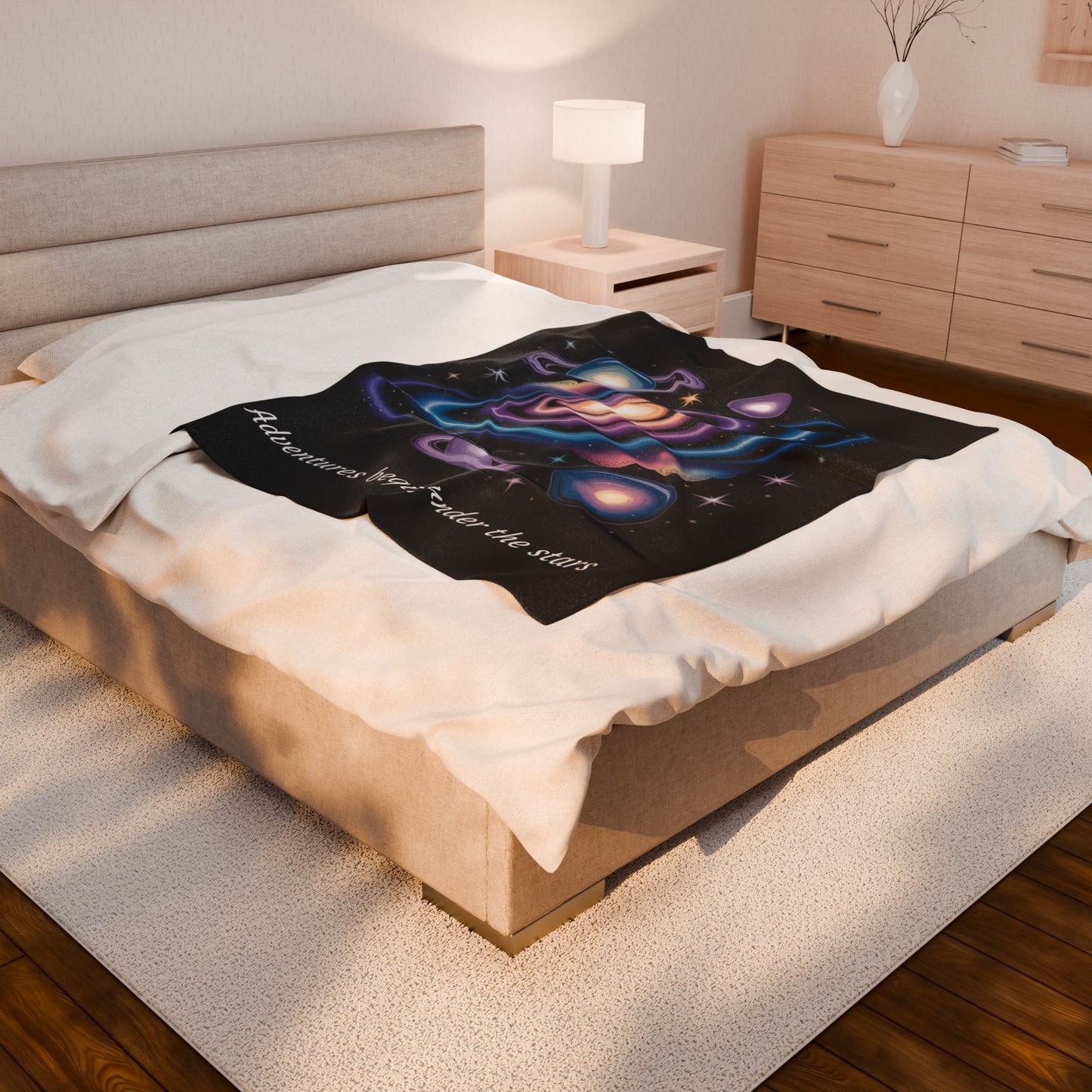 Galaxy Velveteen Plush Blanket — "Adventures Begin Under the Stars" Cozy Space Throw