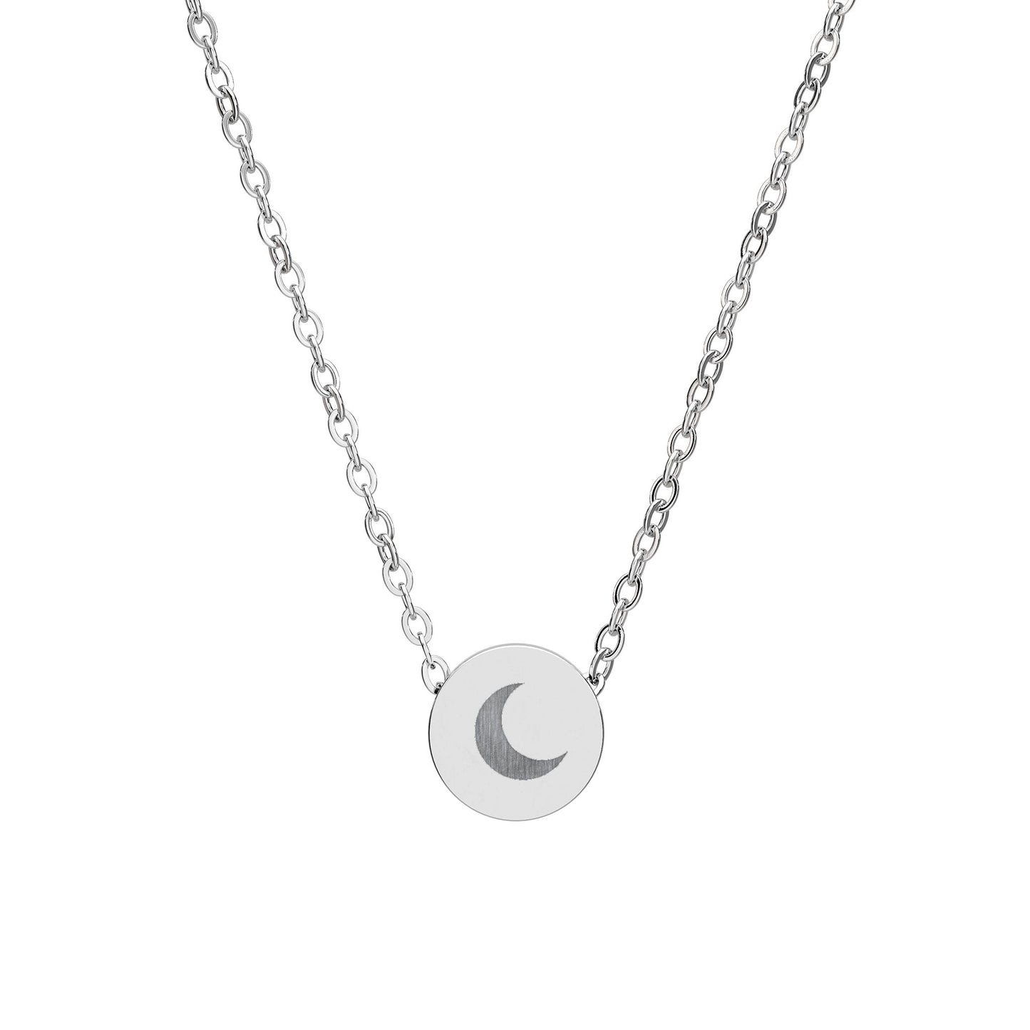 Mini Crescent Moon Engraved Circle Necklace — Dainty Celestial Jewelry