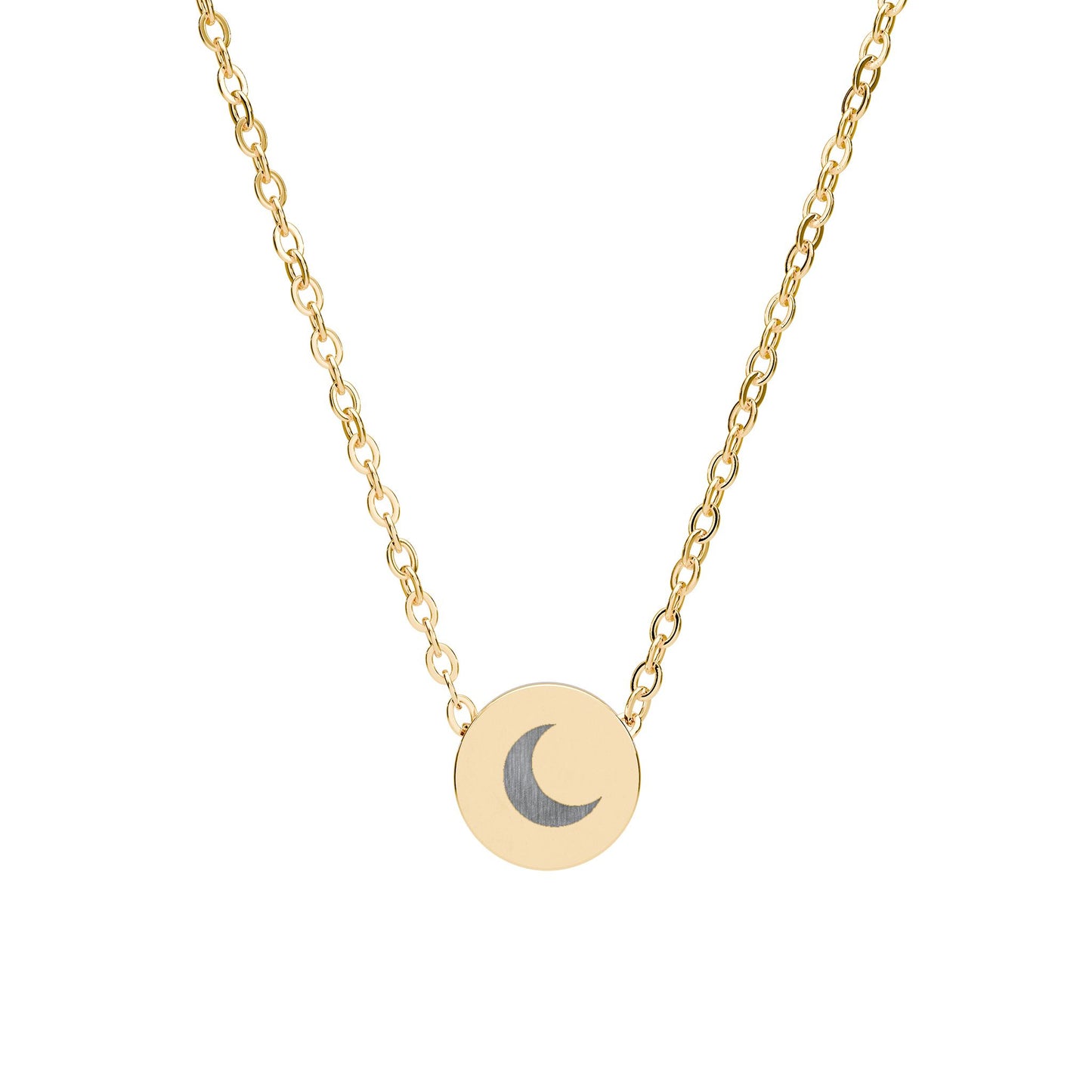 Mini Crescent Moon Engraved Circle Necklace — Dainty Celestial Jewelry
