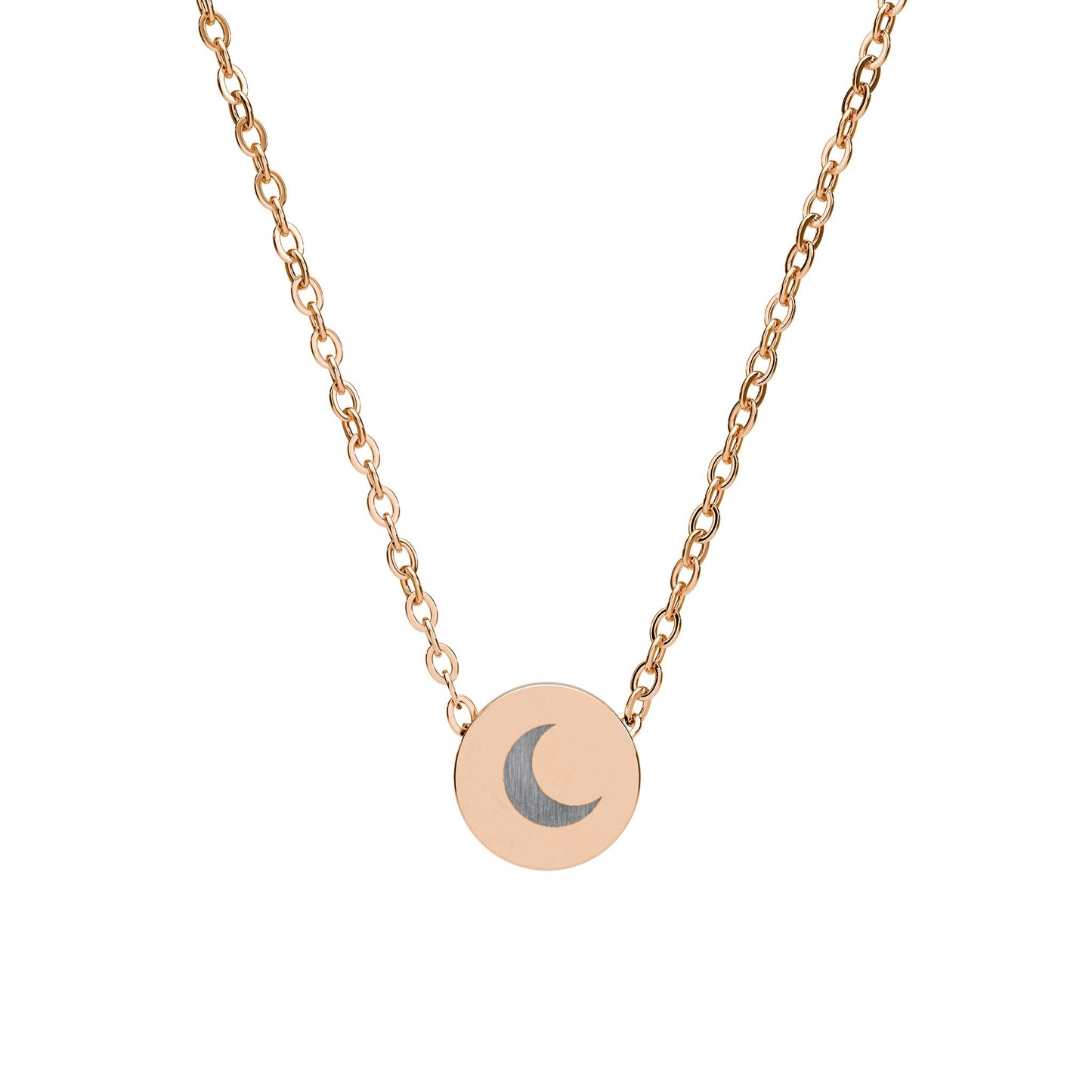 Mini Crescent Moon Engraved Circle Necklace — Dainty Celestial Jewelry