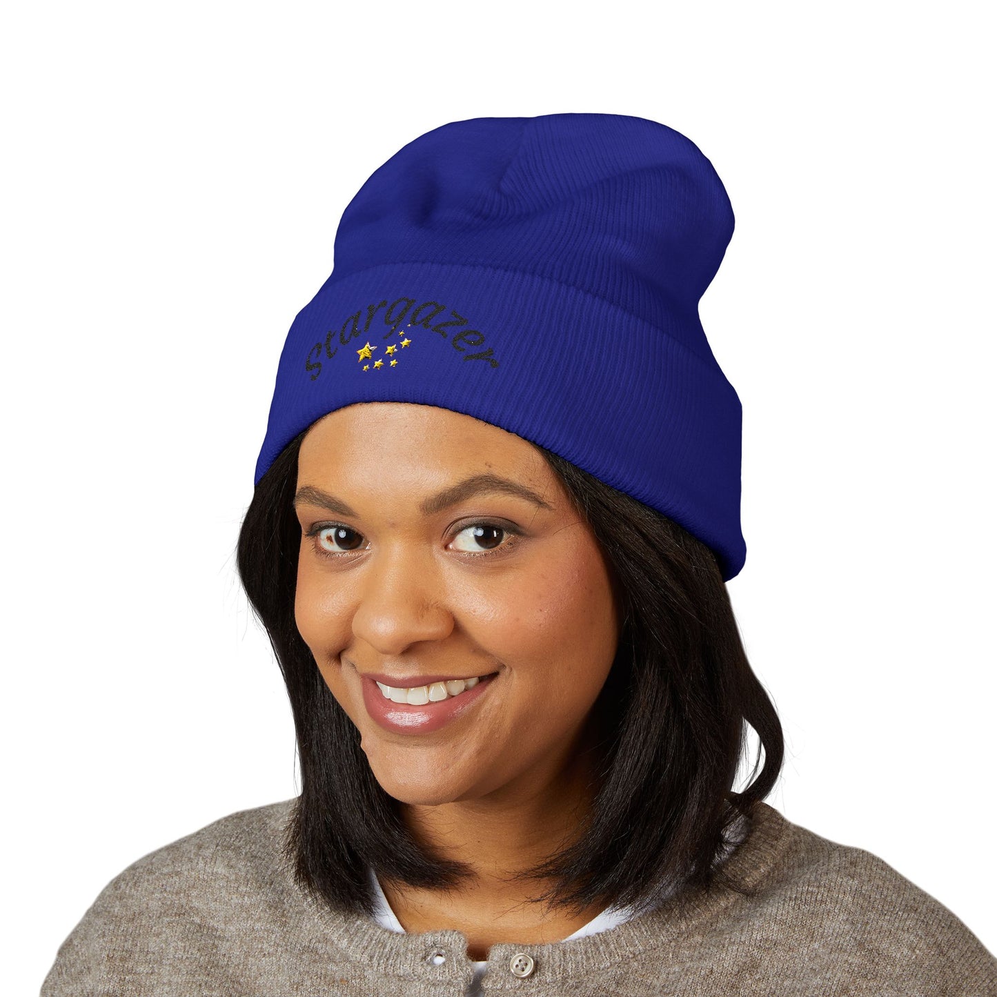 Stargazer Embroidered Cuffed Beanie — Cozy Star Lover Knit Hat