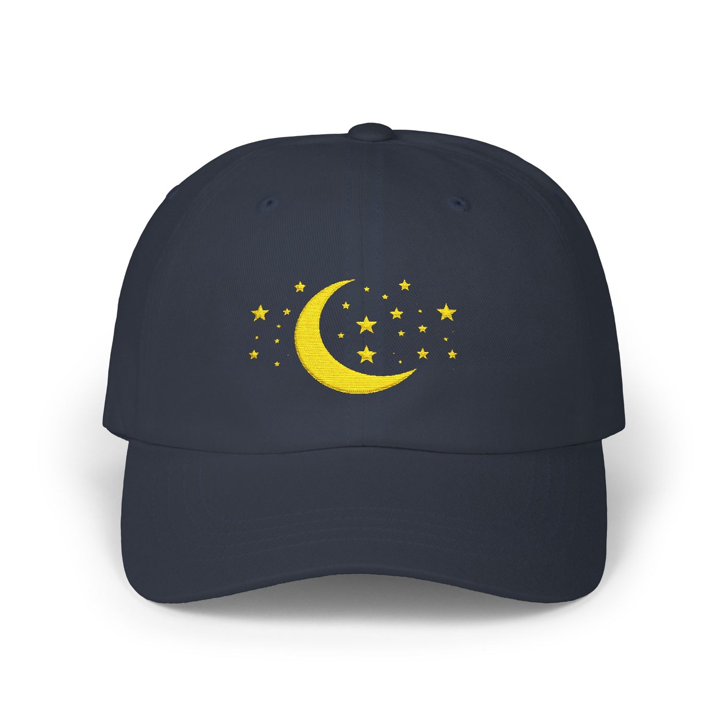 Moon & Stars Cap — Embroidered Yellow Crescent Hat