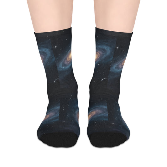Galaxy Night Sky Mid-Length Socks — Cosmic Space Print Crew Socks