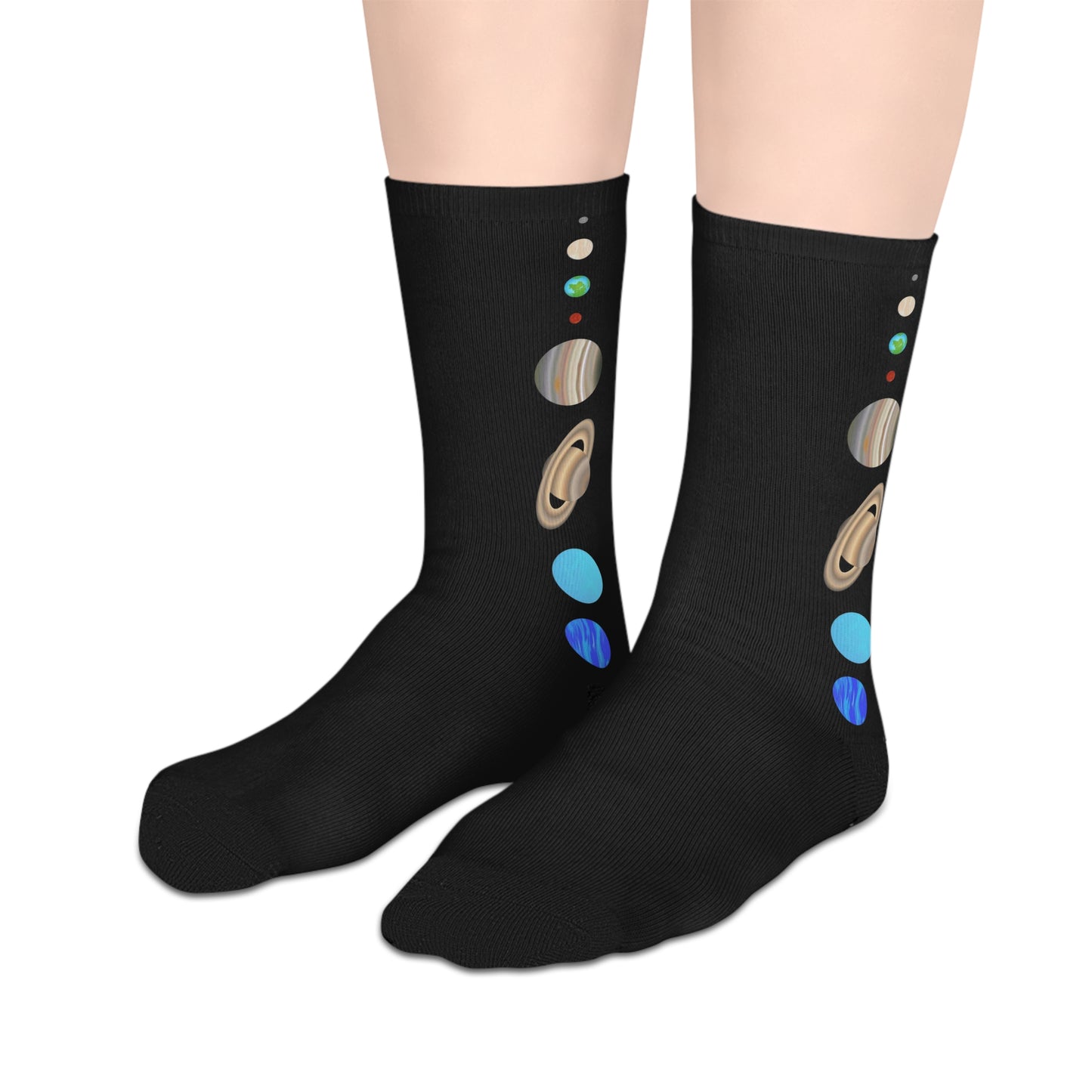 Cute Planets Mid-Length Socks — Cozy Black Socks with Planets Design