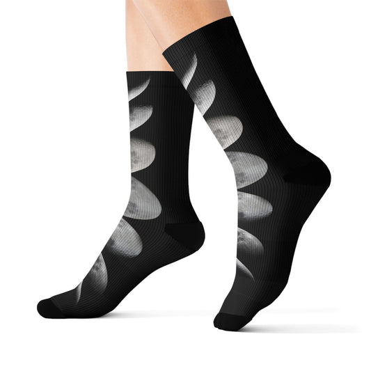 Moon Phase Socks — Black Lunar Cycle Sublimation Crew Socks