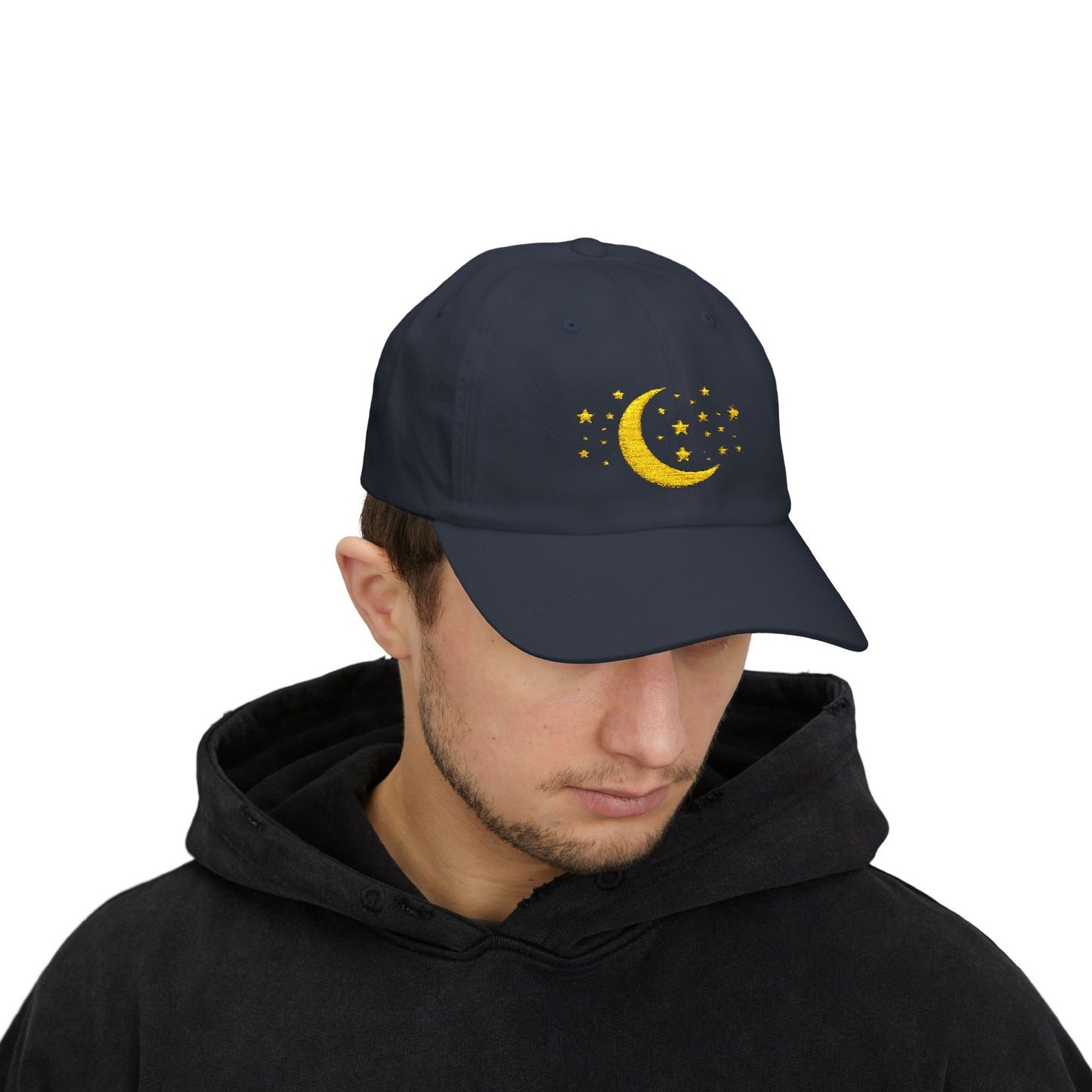 Moon & Stars Cap — Embroidered Yellow Crescent Hat