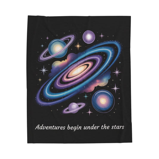 Galaxy Velveteen Plush Blanket — "Adventures Begin Under the Stars" Cozy Space Throw