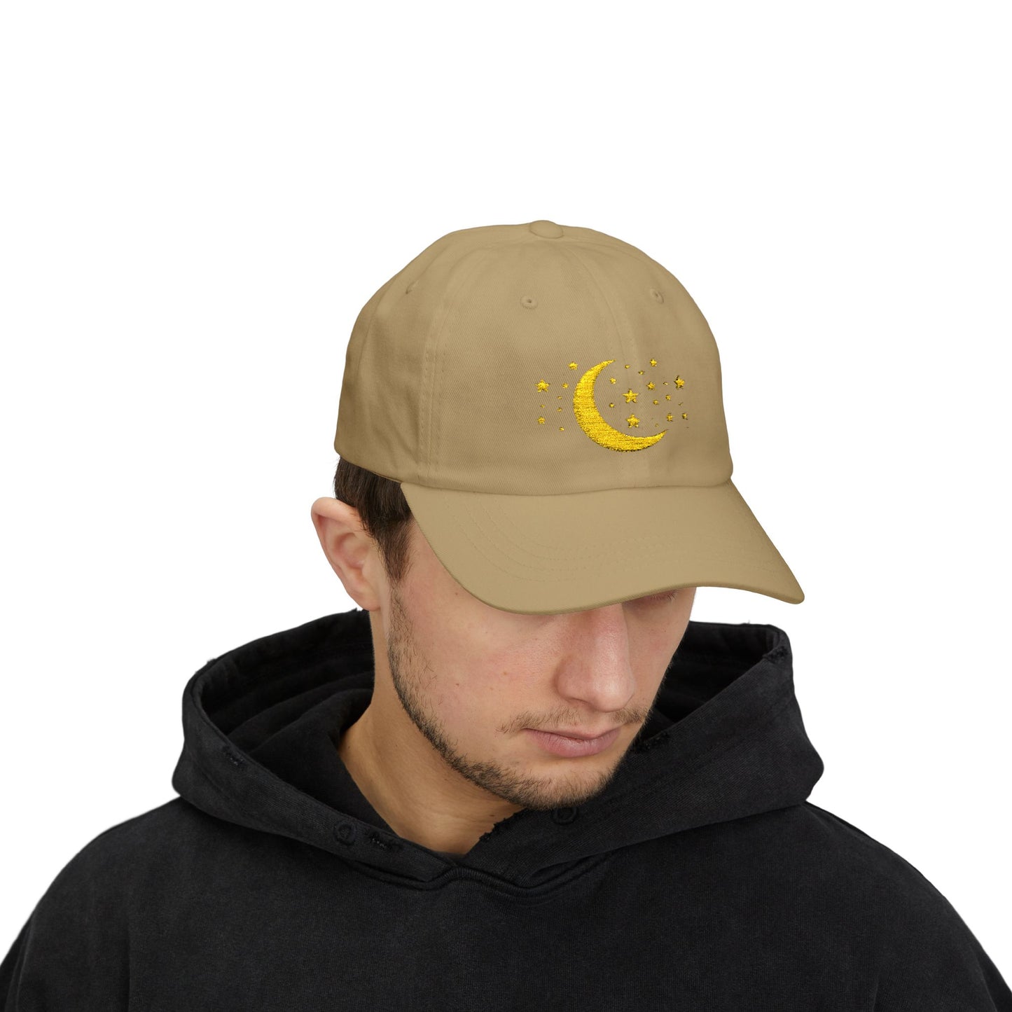 Moon & Stars Cap — Embroidered Yellow Crescent Hat