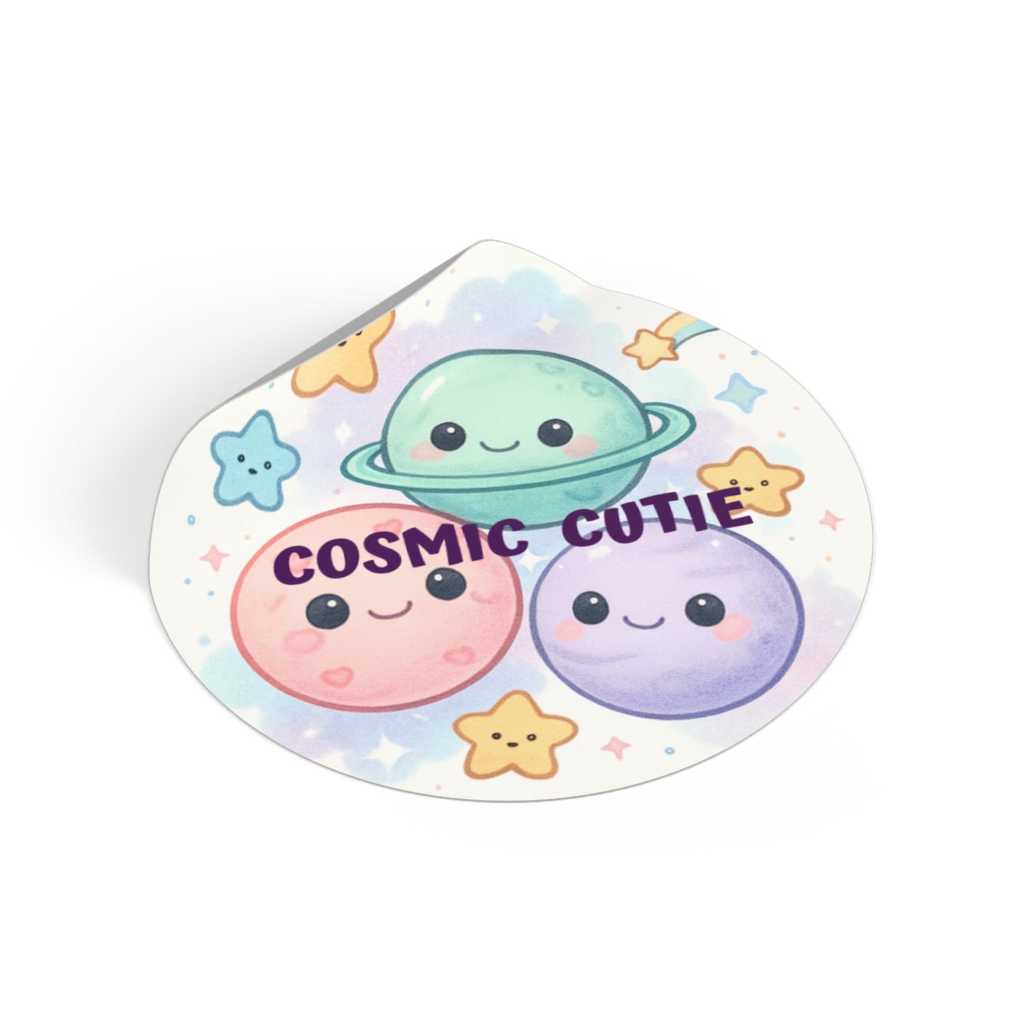 Cosmic Cutie Round Vinyl Sticker — Kawaii Planets & Stars