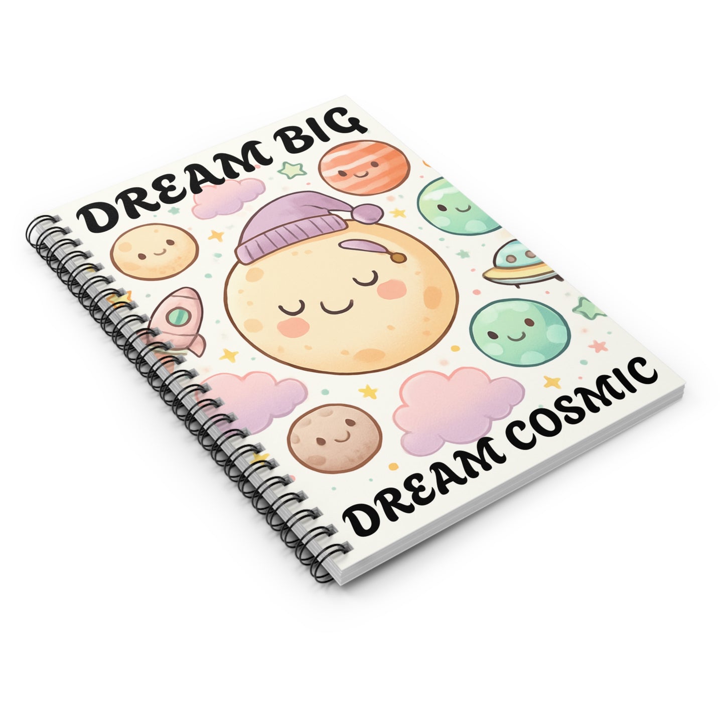 Dream Big Cosmic Spiral Notebook — Cute Kawaii Planets Journal