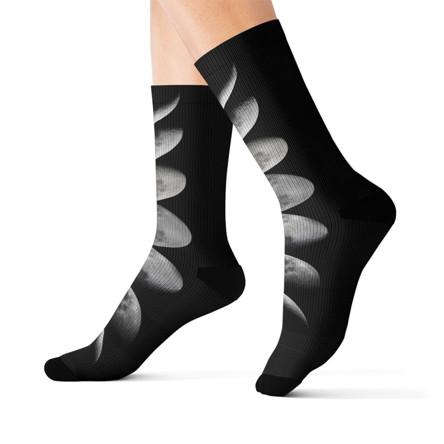 Moon Phase Socks — Black Lunar Cycle Sublimation Crew Socks