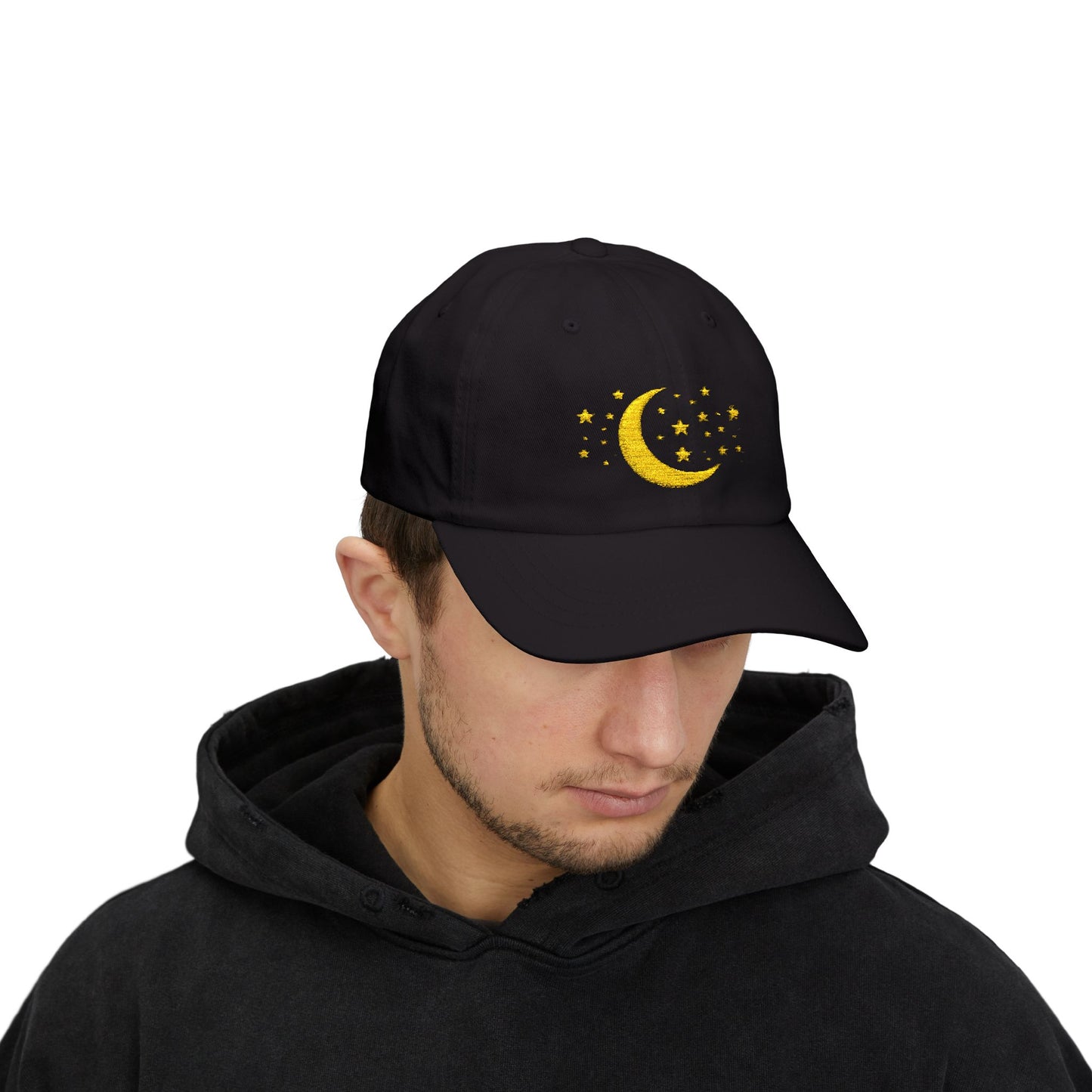 Moon & Stars Cap — Embroidered Yellow Crescent Hat