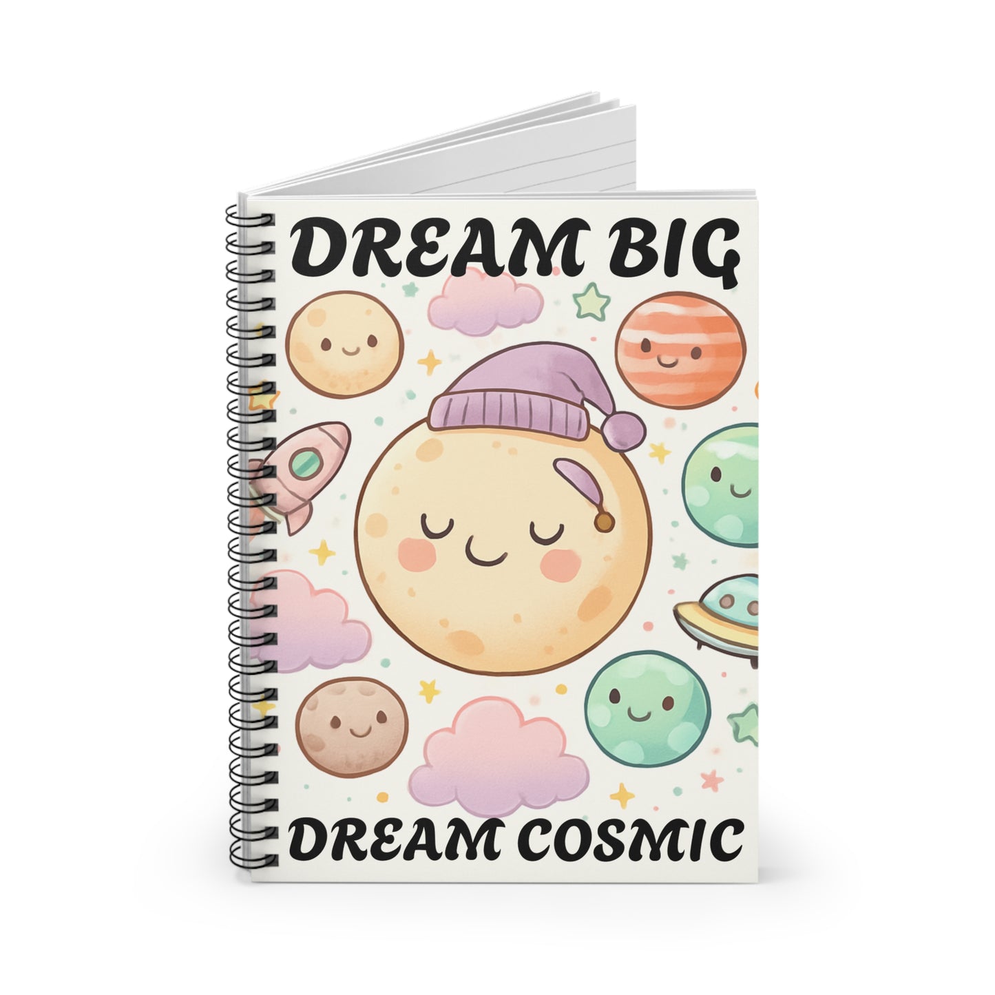 Dream Big Cosmic Spiral Notebook — Cute Kawaii Planets Journal