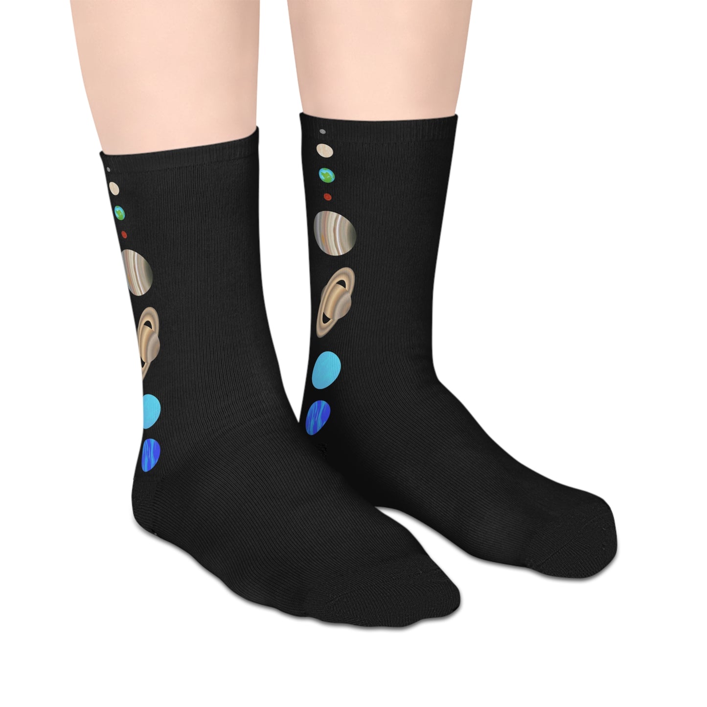 Cute Planets Mid-Length Socks — Cozy Black Socks with Planets Design