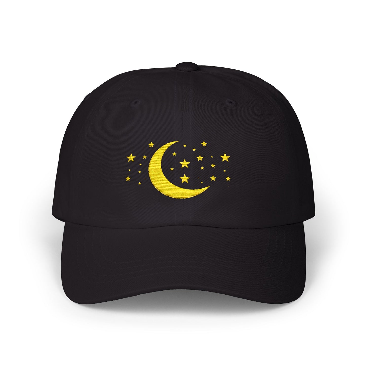 Moon & Stars Cap — Embroidered Yellow Crescent Hat
