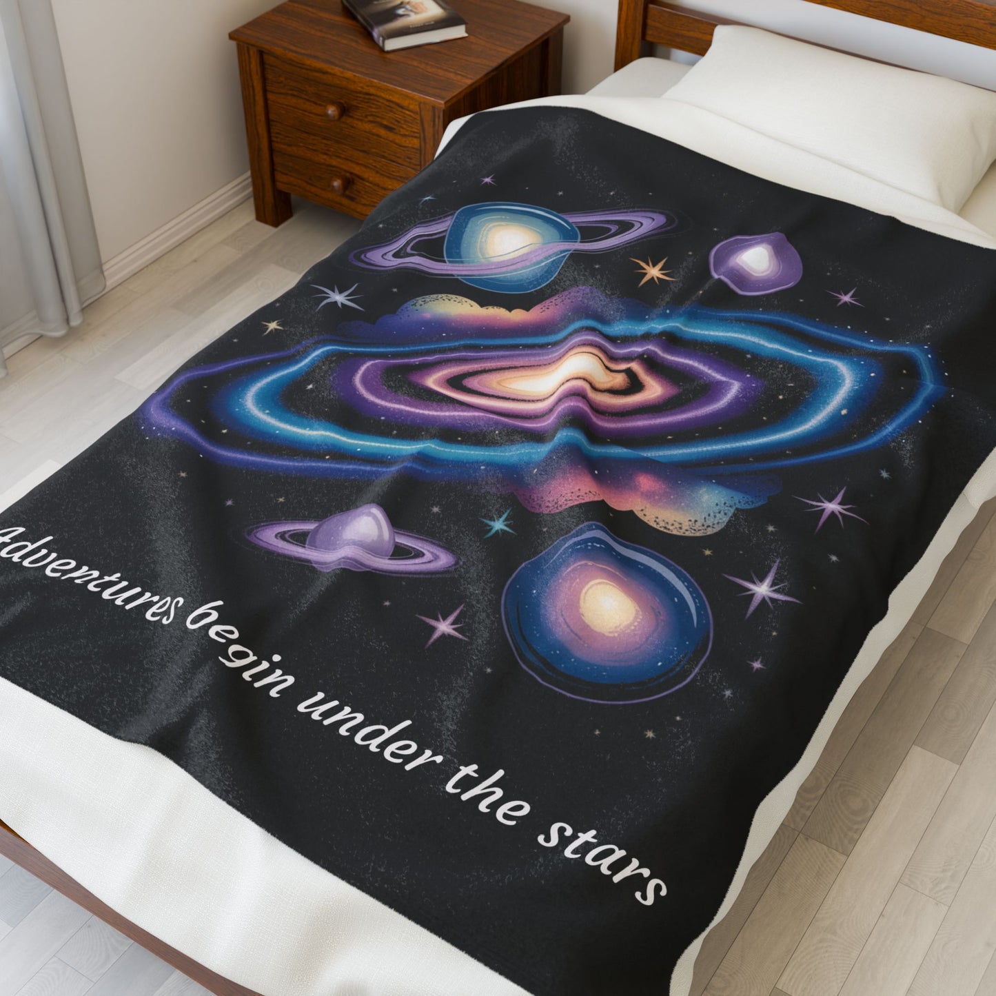 Galaxy Velveteen Plush Blanket — "Adventures Begin Under the Stars" Cozy Space Throw