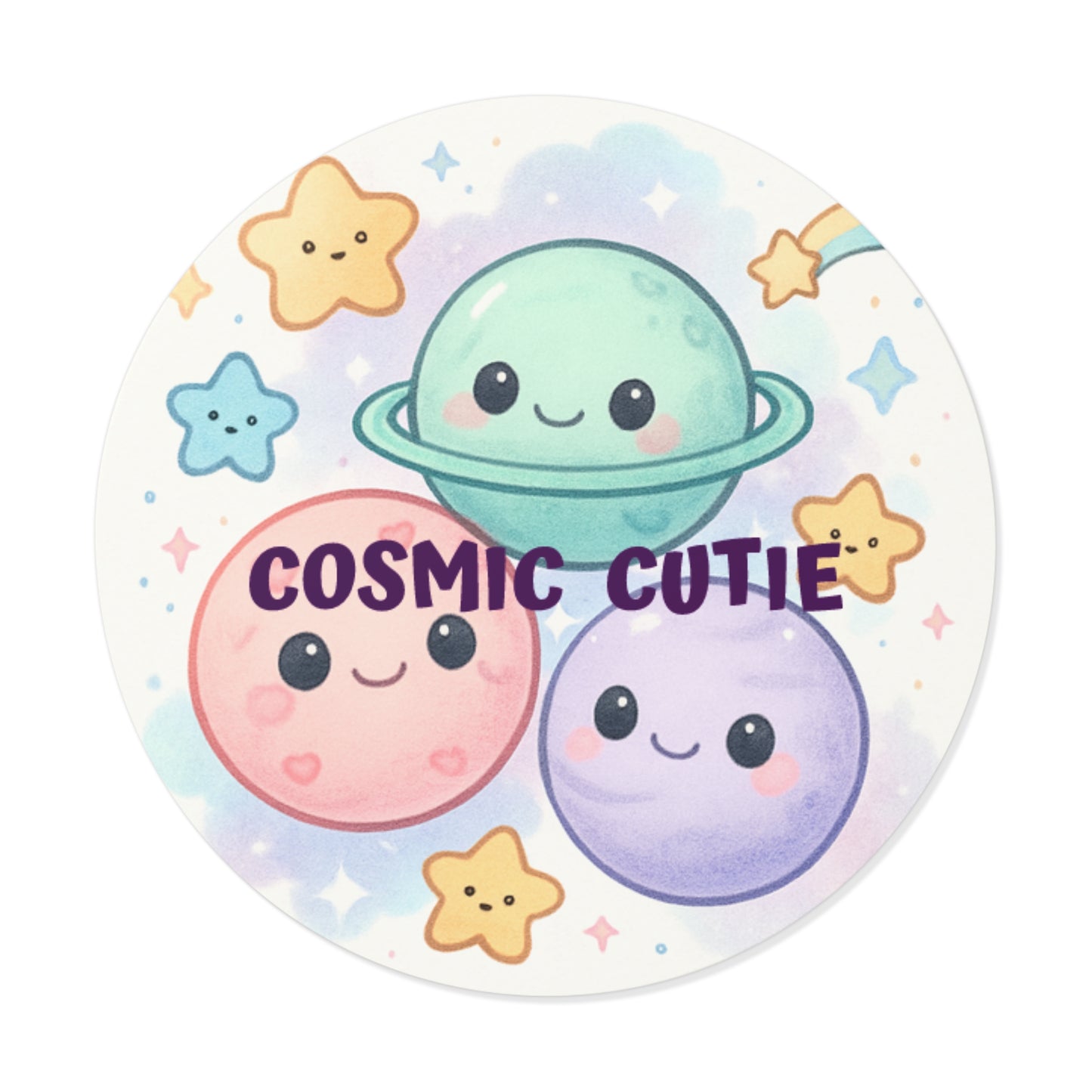 Cosmic Cutie Round Vinyl Sticker — Kawaii Planets & Stars