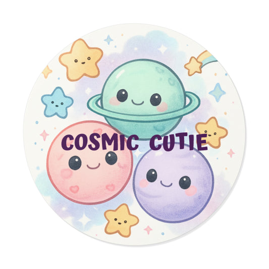 Cosmic Cutie Round Vinyl Sticker — Kawaii Planets & Stars