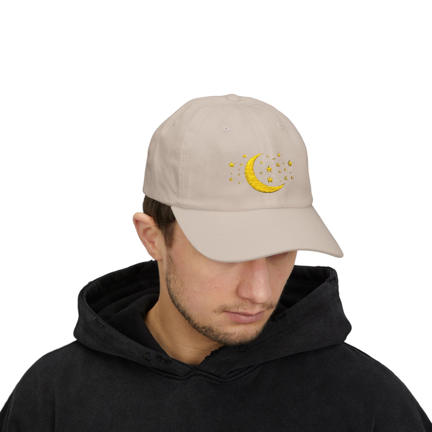Moon & Stars Cap — Embroidered Yellow Crescent Hat
