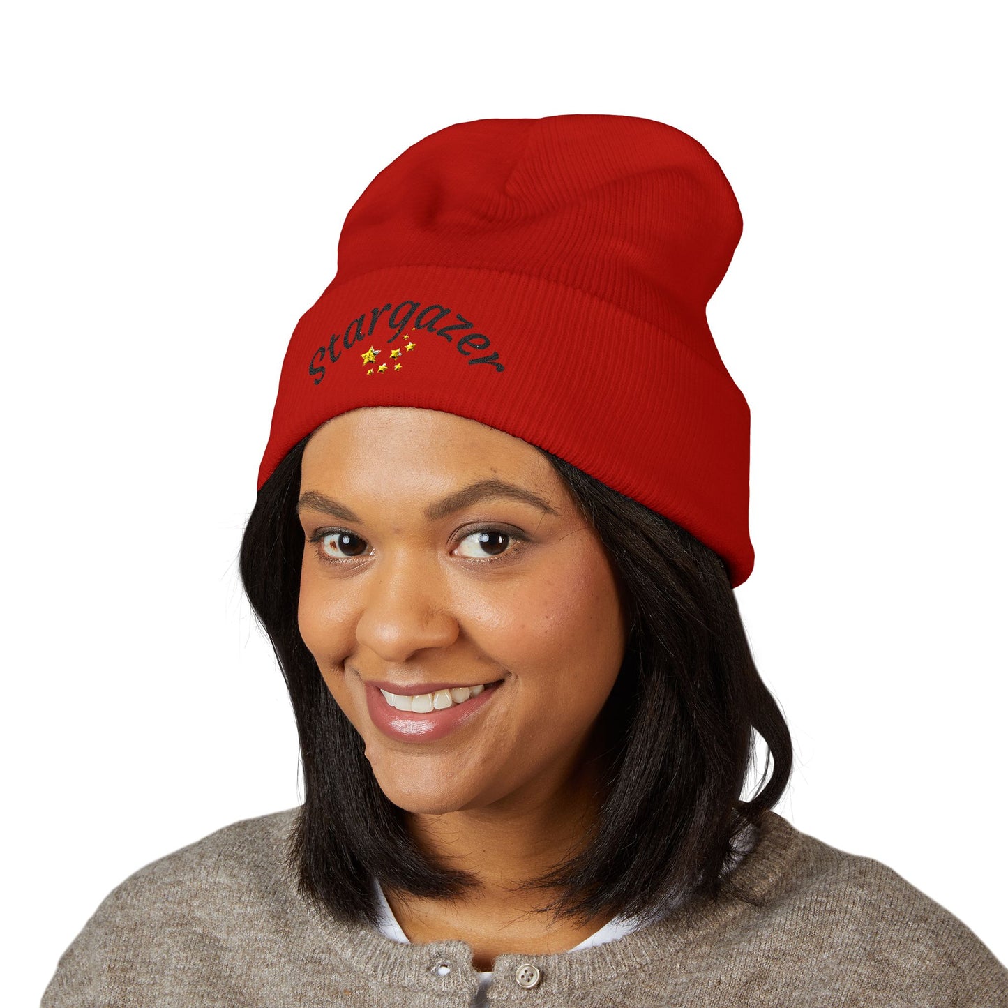 Stargazer Embroidered Cuffed Beanie — Cozy Star Lover Knit Hat
